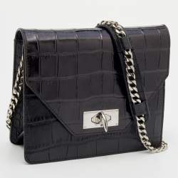 Pre Owned حقيبة كتف جيفنشي جلد نقشة تمساح أسود بسلسلة بقفل قرش 