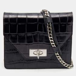 Pre Owned حقيبة كتف جيفنشي جلد نقشة تمساح أسود بسلسلة بقفل قرش 