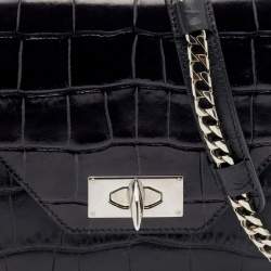 Pre Owned حقيبة كتف جيفنشي جلد نقشة تمساح أسود بسلسلة بقفل قرش 