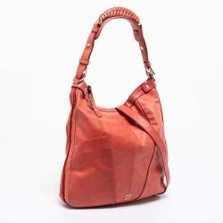 Pre Owned Givenchy Coral Red Pleated Leather Hobo