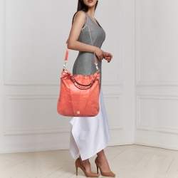 Pre Owned Givenchy Coral Red Pleated Leather Hobo