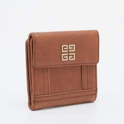 Pre Owned Givenchy Brown Leather Logo Compact Wallet