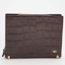 Pre Owned Givenchy Brown Crocodile Embossed Leather Book Clutch