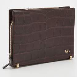 Pre Owned Givenchy Brown Crocodile Embossed Leather Book Clutch