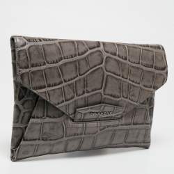 Pre Owned Givenchy Grey Croc Embossed Leather Antigona Envelope Clutch