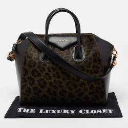 Pre Owned حقيبة ساتشل جيفنشي أنتيغونا جلد وشعر عجل طباعة فهد أسود/أخضر متوسطة