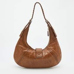 Pre Owned Givenchy Tan Leather Logo Buckle Hobo