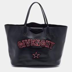 Pre Owned Givenchy Black Leather Antigona Logo Embroidered Shopper Tote
