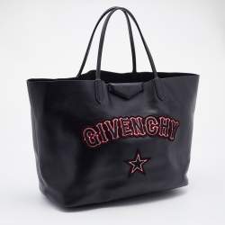 Pre Owned Givenchy Black Leather Antigona Logo Embroidered Shopper Tote