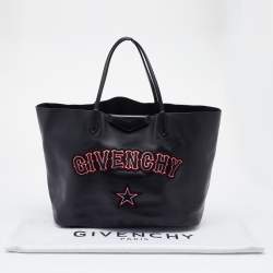 Pre Owned Givenchy Black Leather Antigona Logo Embroidered Shopper Tote
