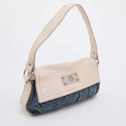 Pre Owned Givenchy White/Blue Leather and Monogram Denim Flap Baguette