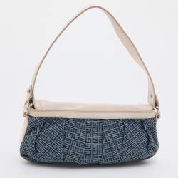 Pre Owned Givenchy White/Blue Leather and Monogram Denim Flap Baguette