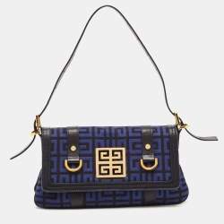 Pre Owned Givenchy Black/Blue Monogram Canvas and Leather Flap Baguette Bag