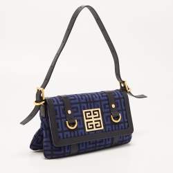 Pre Owned Givenchy Black/Blue Monogram Canvas and Leather Flap Baguette Bag