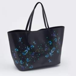 Pre Owned Givenchy Black/Blue Leather Floral Print Logo Tote