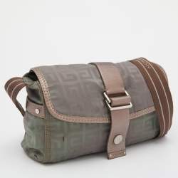 Pre Owned Givenchy Green/Metallic Signature Nylon and Leather Flap Shoulder Bag