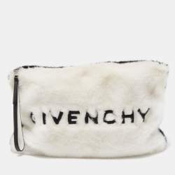 Pre Owned Givenchy White/Black Faux Fur GV3 Wristlet Pouch
