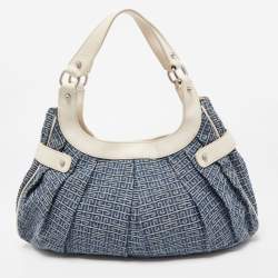 Pre Owned Givenchy Blue/White Monogram Denim and Leather Pleated Hobo