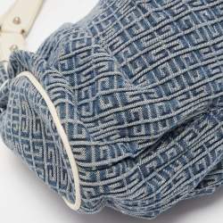 Pre Owned Givenchy Blue/White Monogram Denim and Leather Pleated Hobo