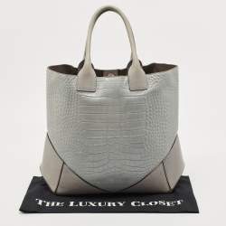 Pre Owned Givenchy Two Tone Grey Croc Embossed Leather Easy Tote