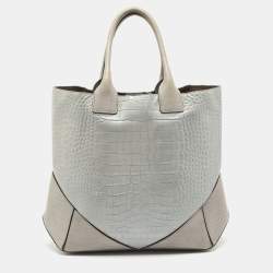 Pre Owned Givenchy Two Tone Grey Croc Embossed Leather Easy Tote