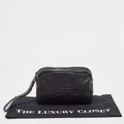 Pre Owned Givenchy Black Leather Logo Embossed Wristlet Pouch