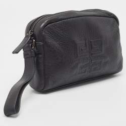 Pre Owned Givenchy Black Leather Logo Embossed Wristlet Pouch