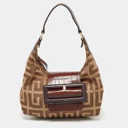Givenchy Beige/Brown Signature Canvas and Croc Embossed Leather Hobo