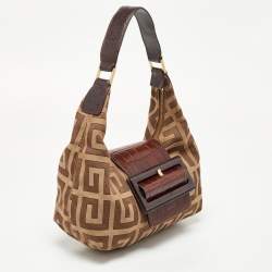 Givenchy Beige/Brown Signature Canvas and Croc Embossed Leather Hobo