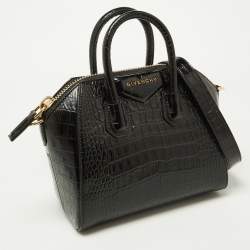 Pre Owned Givenchy Black Glossy Croc Embossed Leather Mini Antigona Satchel