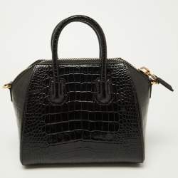 Pre Owned Givenchy Black Glossy Croc Embossed Leather Mini Antigona Satchel
