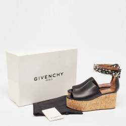 Pre Owned Givenchy Black Leather Chain Ankle Cuff Cork Wedge Sandals Size 36