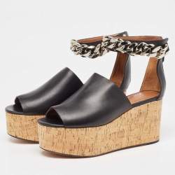 Pre Owned Givenchy Black Leather Chain Ankle Cuff Cork Wedge Sandals Size 36