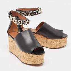 Pre Owned Givenchy Black Leather Chain Ankle Cuff Cork Wedge Sandals Size 36