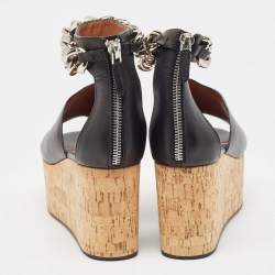 Pre Owned Givenchy Black Leather Chain Ankle Cuff Cork Wedge Sandals Size 36