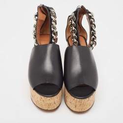 Pre Owned Givenchy Black Leather Chain Ankle Cuff Cork Wedge Sandals Size 36