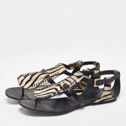 Givenchy Black Zebra Calfhair and Leather Thong Sandals Size 40