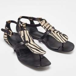 Givenchy Black Zebra Calfhair and Leather Thong Sandals Size 40