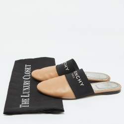 Pre Owned Givenchy Beige/Black Leather Logo Elastic Flat Mules Size 35