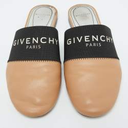 Pre Owned Givenchy Beige/Black Leather Logo Elastic Flat Mules Size 35