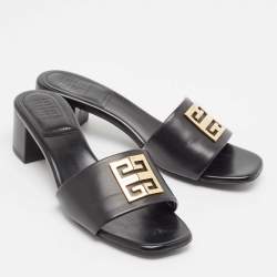Pre Owned Givenchy Black Leather 4G Slide Sandals Size 41