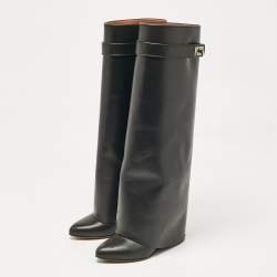 Givenchy Black Leather Shark Lock Wedge Knee High Boots Size 38