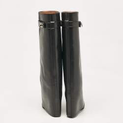 Givenchy Black Leather Shark Lock Wedge Knee High Boots Size 38