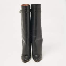 Givenchy Black Leather Shark Lock Wedge Knee High Boots Size 38