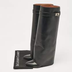 Givenchy Black Leather Shark Lock Wedge Knee High Boots Size 38