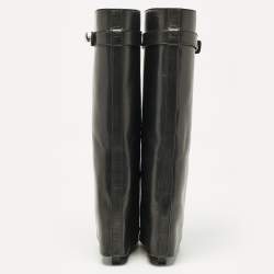 Pre Owned Givenchy Black Leather Shark Lock Wedge Knee High Boots Size 36