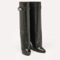 Pre Owned Givenchy Black Leather Shark Lock Wedge Knee High Boots Size 36