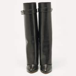 Pre Owned Givenchy Black Leather Shark Lock Wedge Knee High Boots Size 36
