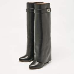 Pre Owned Givenchy Black Leather Shark Lock Wedge Knee High Boots Size 36