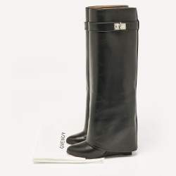 Pre Owned Givenchy Black Leather Shark Lock Wedge Knee High Boots Size 36